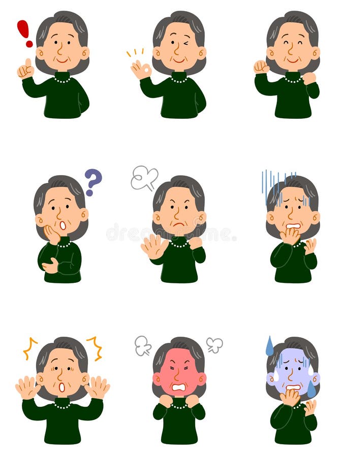Femme supérieure utilisant un chandail vert, ensemble de neuf poses différentes, corps supérieur illustration libre de droits Femme supérieure utilisant un chandail vert, ensemble de neuf poses différentes, corps supérieur illustration libre de droits