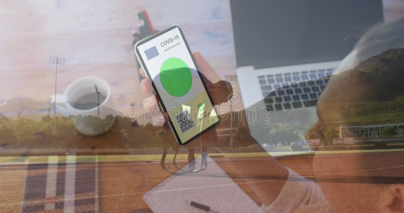 Femme tenant un smartphone avec code qr à l'écran contre athlète masculin avec jambes prothétiques illustration stock