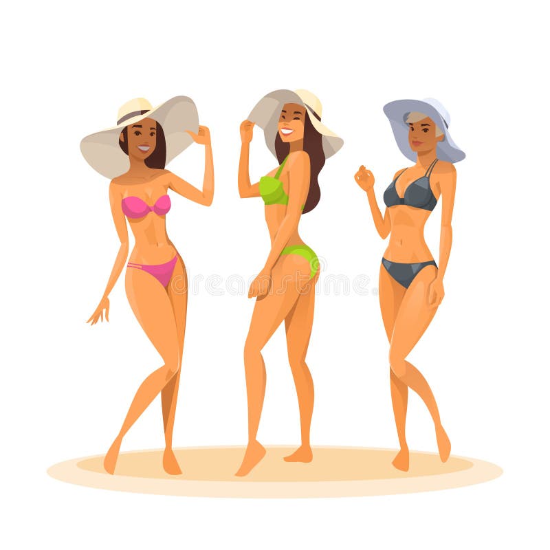 Femme trois dans le bikini, sourire heureux de long de jambe de filles chapeau sexy intégral d'usage illustration libre de droits Femme trois dans le bikini, sourire heureux de long de jambe de filles chapeau sexy intégral d'usage illustration libre de droits