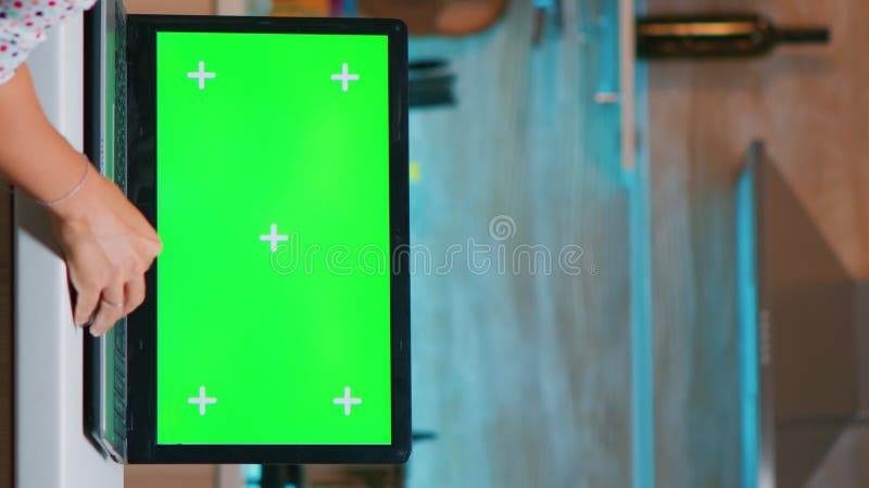 Femme visuelle verticale d'affaires en regardant l'ordinateur portable vert d'écran clips vidéos
