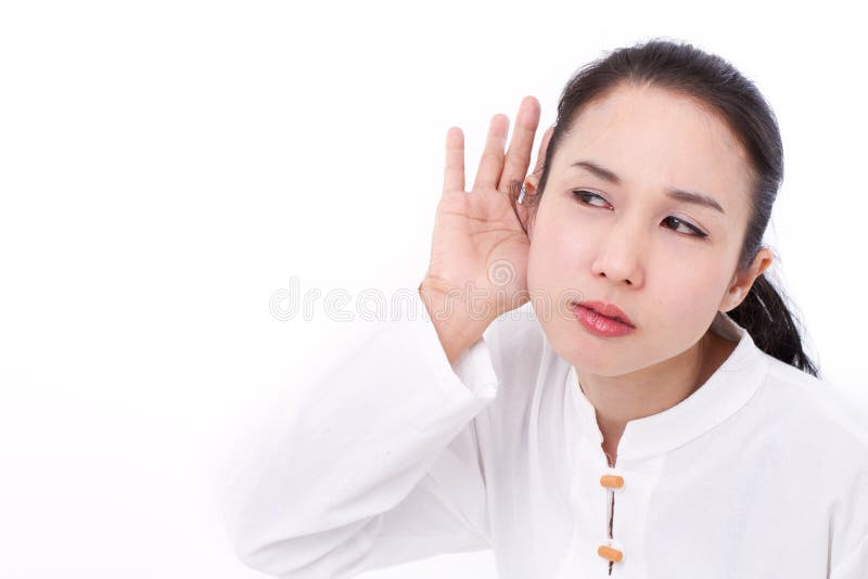Femme écoutant la mauvaise nouvelle, la parole, l'information photo libre de droits Femme écoutant la mauvaise nouvelle, la parole, l'information photo libre de droits