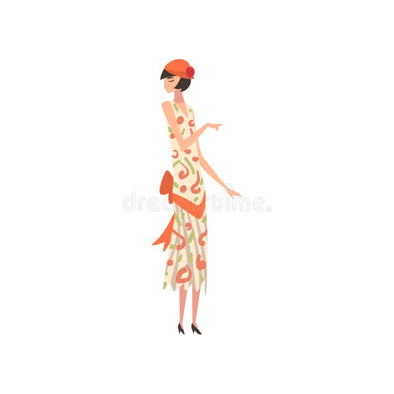 Femme élégante dans la rétro robe d'été et le chapeau, belle fille des années 1920, Art Deco Style Vector Illustration illustration libre de droits Femme élégante dans la rétro robe d'été et le chapeau, belle fille des années 1920, Art Deco Style Vector Illustration illustration libre de droits