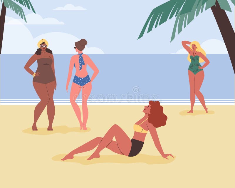 Women with different beauty type of various racial groups female characters on the beach, flat vector illustration. Diverse women characters on summer beach vacation. Women with different beauty type of various racial groups female characters on the beach, flat vector illustration. Diverse women characters on summer beach vacation.