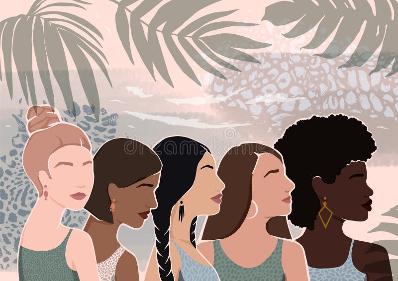 Women of different ethnic groups together. Watercolor background with palm leaves. Modern flat vector illustration. Women of different ethnic groups together. Watercolor background with palm leaves. Modern flat vector illustration