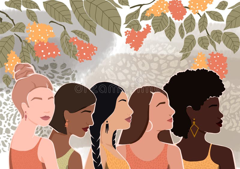 Women of different ethnic groups together. Modern flat vector illustration with flowers. Women of different ethnic groups together. Modern flat vector illustration with flowers