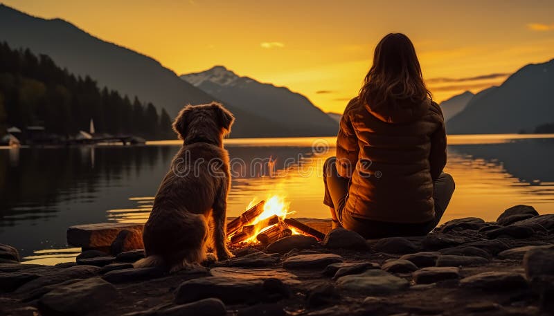 Women and dog sitting outdoors, enjoying nature tranquil beauty generated by artificial intelligence AI generated. Women and dog sitting outdoors, enjoying nature tranquil beauty generated by artificial intelligence AI generated