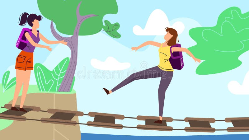 Femmes marchant le long du pont suspendu dans la forêt illustration de vecteur Femmes marchant le long du pont suspendu dans la forêt illustration de vecteur