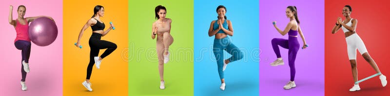 Femmes multiraciales du millénaire athlétique avec collage d'entraînement photos libres de droits