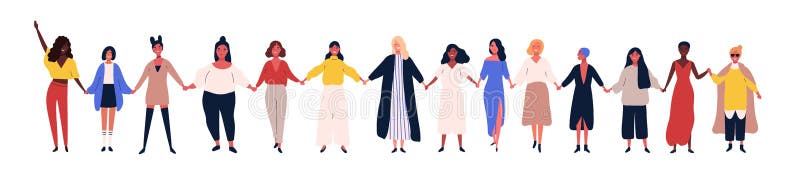Femmes ou filles heureuses se tenant ensemble et tenant des mains Groupe d'amis féminins, union des féministes, fraternité plat