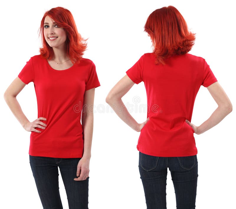 Femmina di Redhead con la camicia rossa in bianco immagine stock libera da diritti