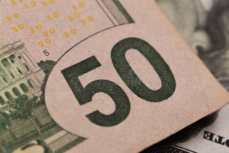Femtio dollar beståndsdelar, toppen makro, stänger sig upp fotoet arkivbilder Femtio dollar beståndsdelar, toppen makro, stänger sig upp fotoet arkivbilder