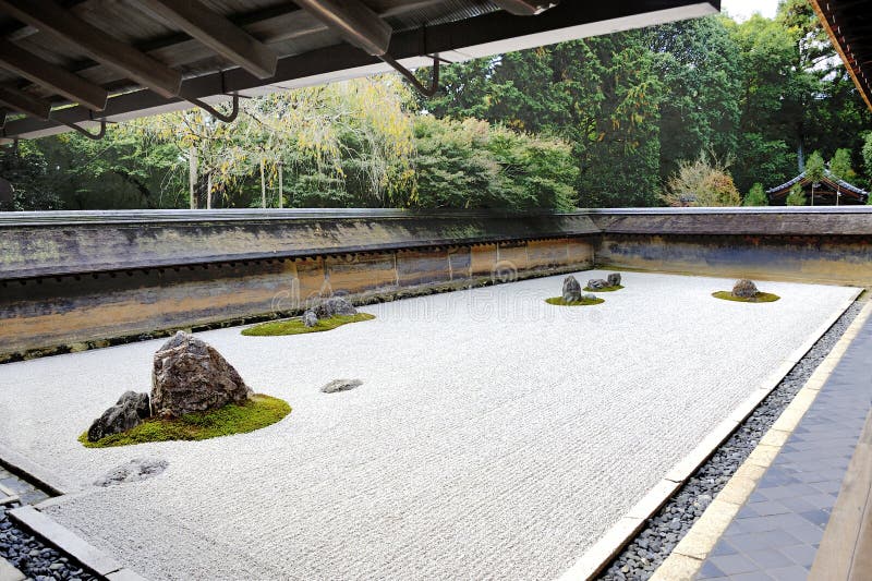 femton arbeta i trädgården zenen för tempelet för stenar för ryoanjien för den grusjapan kyoto rocken den vita där