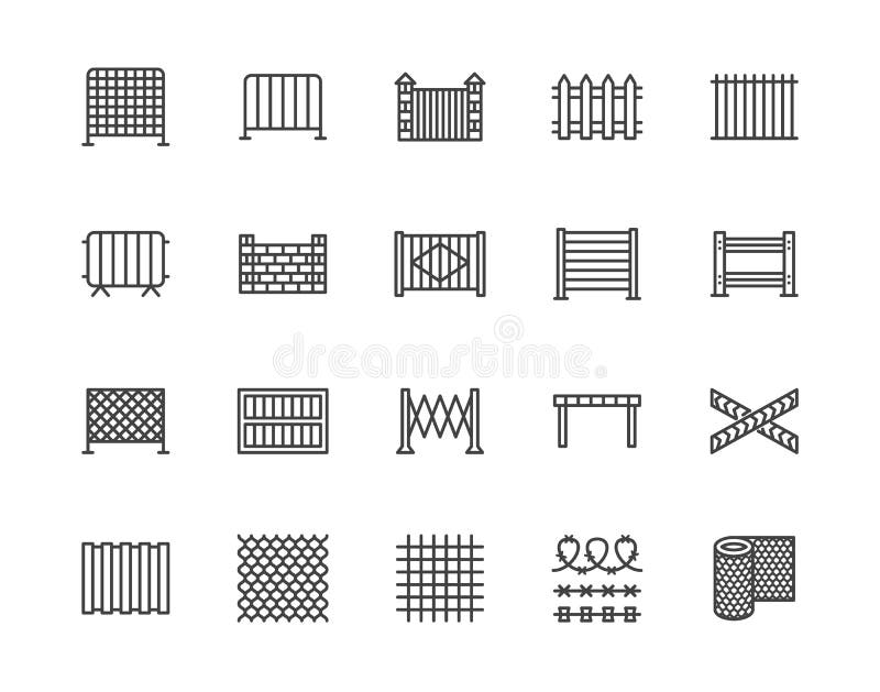 Fence flat line icons set. Wood fencing, metal profiled sheet, wire mesh, crowd control barricades vector illustrations