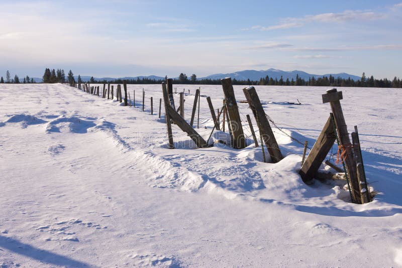 Fence in winter on a sunny day.