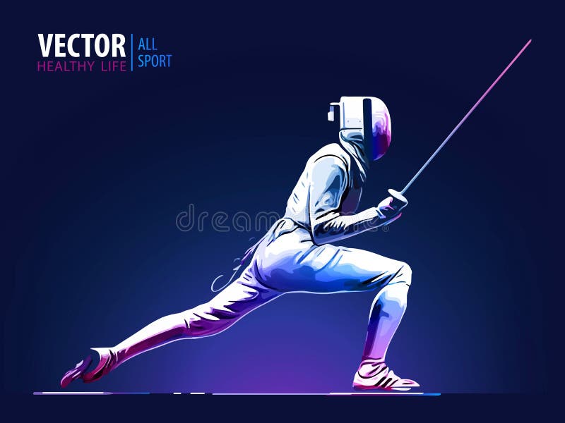 fencer Uomo che dura recintando vestito che pratica con la spada Arena e lense-chiarori di sport Effetto al neon Illustrazione di illustrazione vettoriale fencer Uomo che dura recintando vestito che pratica con la spada Arena e lense-chiarori di sport Effetto al neon Illustrazione di illustrazione vettoriale