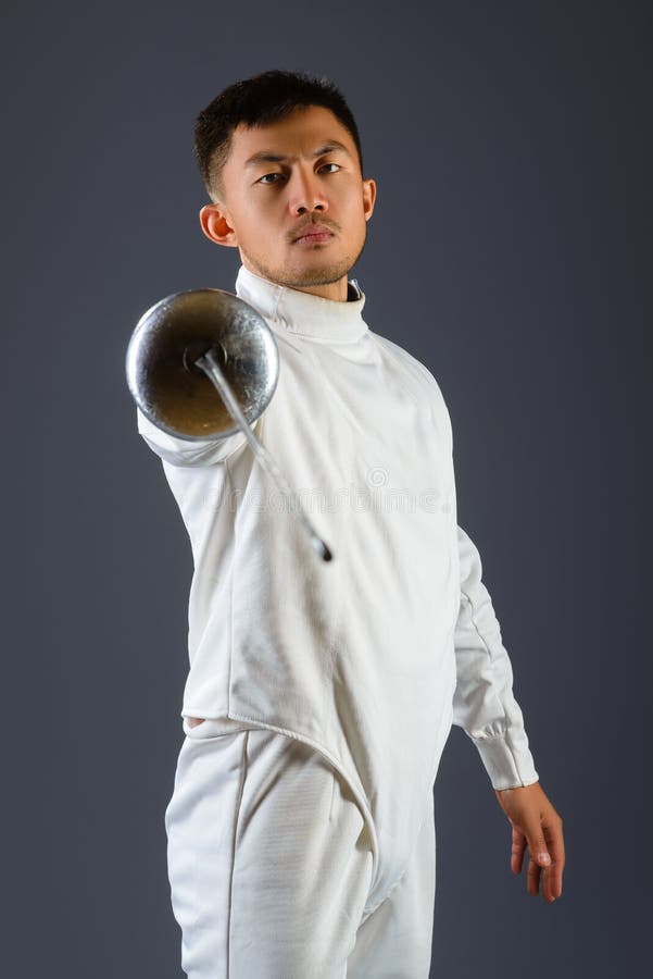 Fencing Athlete Wins the Competition Isolated in White Background Stock