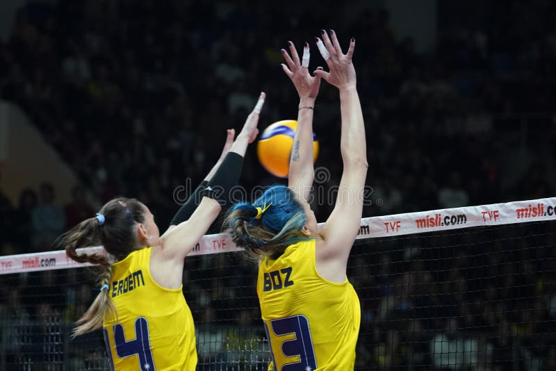 ISTANBUL, TURKIYE - NOVEMBER 02, 2022: Anna Lazareva and Meryem Boz in action during Fenerbahce Opet vs Eczacibasi Dynavit Turkish Sultans League match in Burhan Felek Sport Hall