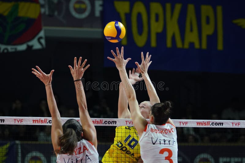 ISTANBUL, TURKIYE - NOVEMBER 02, 2022: Beyza Arici and Tijana Boskovic in action during Fenerbahce Opet vs Eczacibasi Dynavit Turkish Sultans League match in Burhan Felek Sport Hall