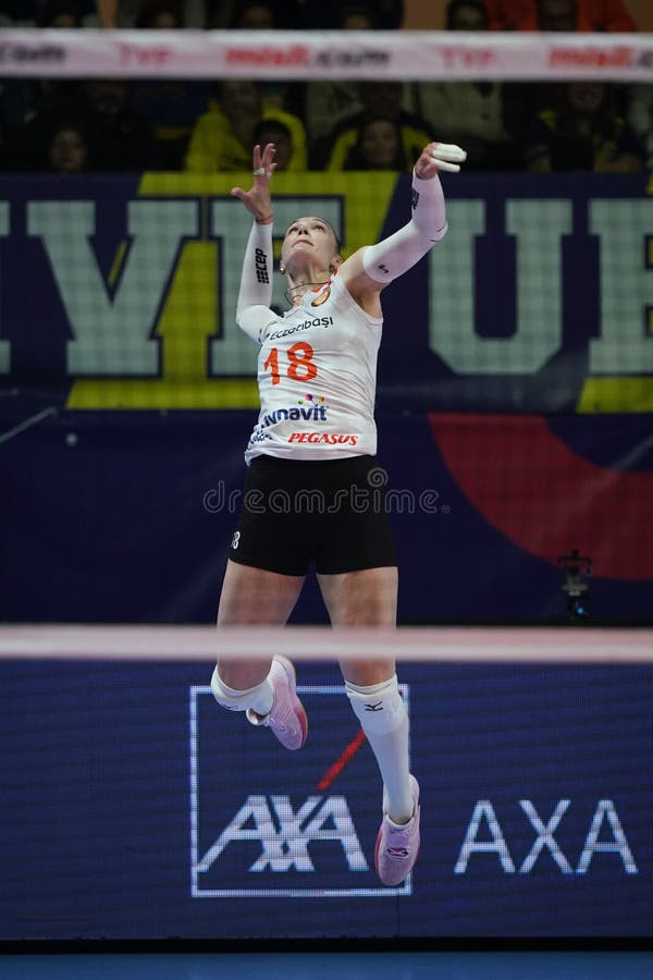 ISTANBUL, TURKIYE - NOVEMBER 02, 2022: Irina Voronkova serves during Fenerbahce Opet vs Eczacibasi Dynavit Turkish Sultans League match in Burhan Felek Sport Hall