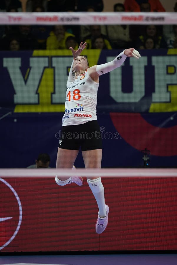 ISTANBUL, TURKIYE - NOVEMBER 02, 2022: Irina Voronkova serves during Fenerbahce Opet vs Eczacibasi Dynavit Turkish Sultans League match in Burhan Felek Sport Hall