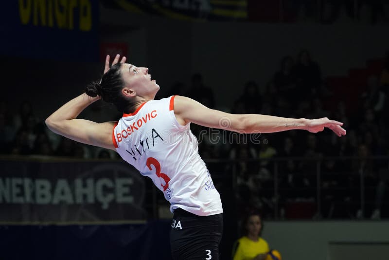 ISTANBUL, TURKIYE - NOVEMBER 02, 2022: Tijana Boskovic serves during Fenerbahce Opet vs Eczacibasi Dynavit Turkish Sultans League match in Burhan Felek Sport Hall