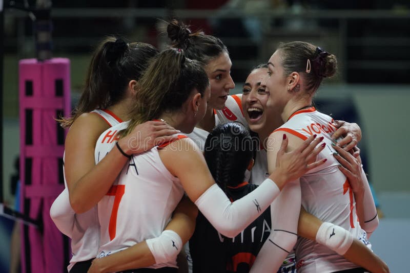 ISTANBUL, TURKIYE - NOVEMBER 02, 2022: Eczacibasi Dynavit players celebrating score point during Fenerbahce Opet Turkish Sultans League match in Burhan Felek Sport Hall. ISTANBUL, TURKIYE - NOVEMBER 02, 2022: Eczacibasi Dynavit players celebrating score point during Fenerbahce Opet Turkish Sultans League match in Burhan Felek Sport Hall