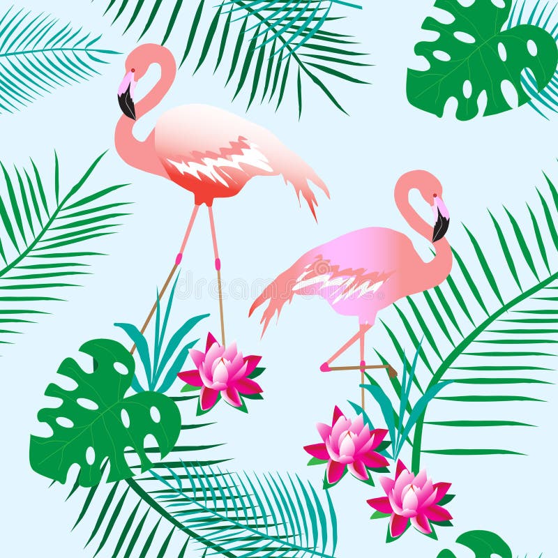 Fenicotteri rosa affascinanti Piante tropicali Fondo leggero Reticolo senza giunte Può essere usato per materiale, carta illustrazione di stock Fenicotteri rosa affascinanti Piante tropicali Fondo leggero Reticolo senza giunte Può essere usato per materiale, carta illustrazione di stock