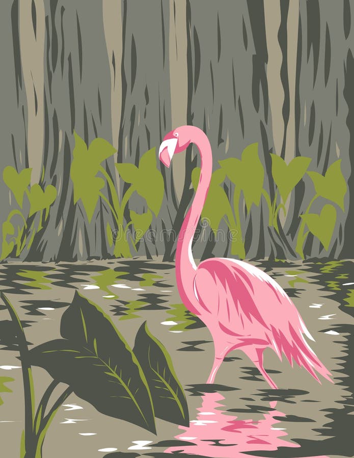 WPA poster art of a flamingo in the wetlands, swamps and marshes of the Everglades National Park in Florida United States in works project administration or federal art project style. WPA poster art of a flamingo in the wetlands, swamps and marshes of the Everglades National Park in Florida United States in works project administration or federal art project style