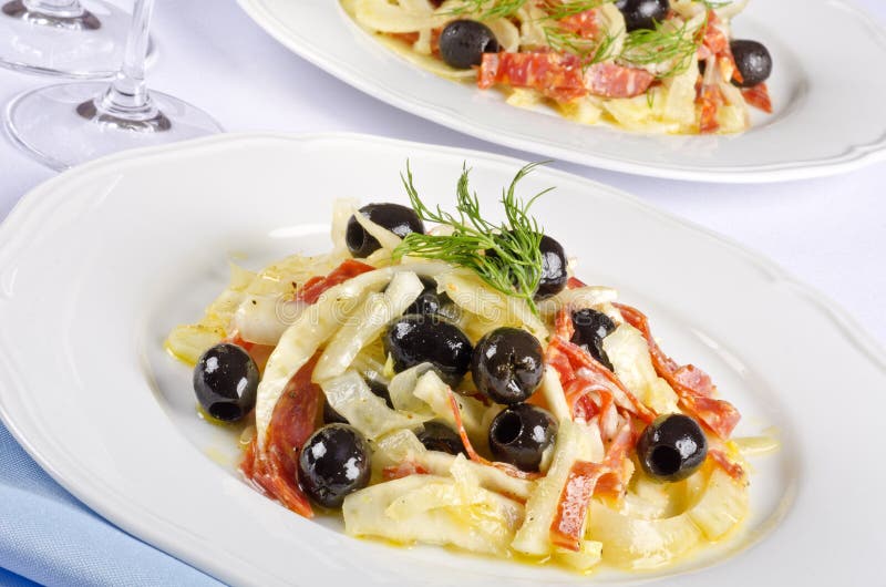 Fennel Salad with Spicy Salami and Black Olives 2 Stock Photo Image