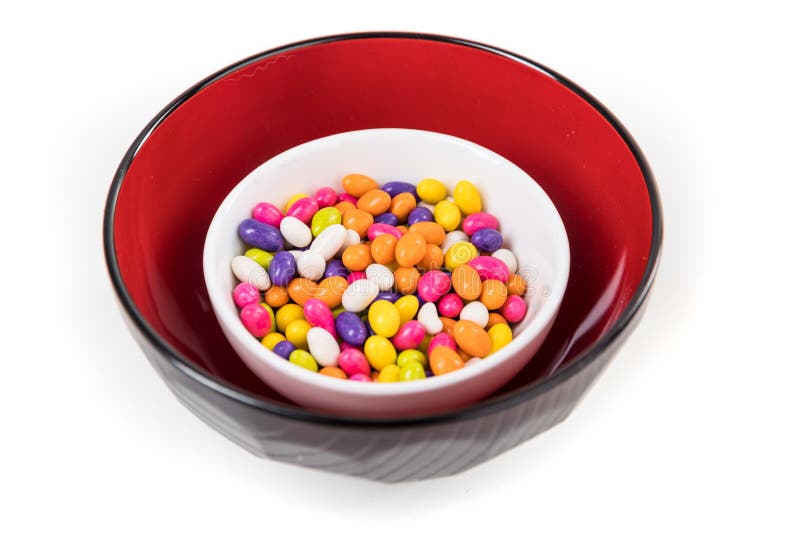 Fennel Seed Candy in a White Red and Black Bowl Isolated Over White Stock Image Image of