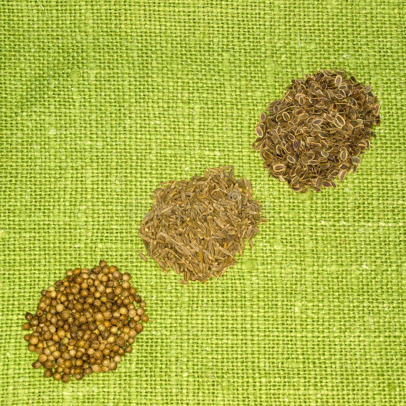 Fennel Seeds, Cumin and Coriander on a Green Leaf Stock Image Image