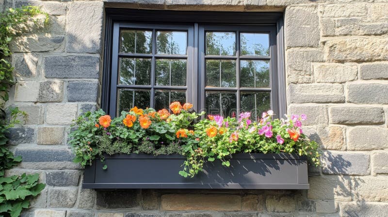 Fenster aus Stein mit farbenfrohen Blumen vektor abbildung