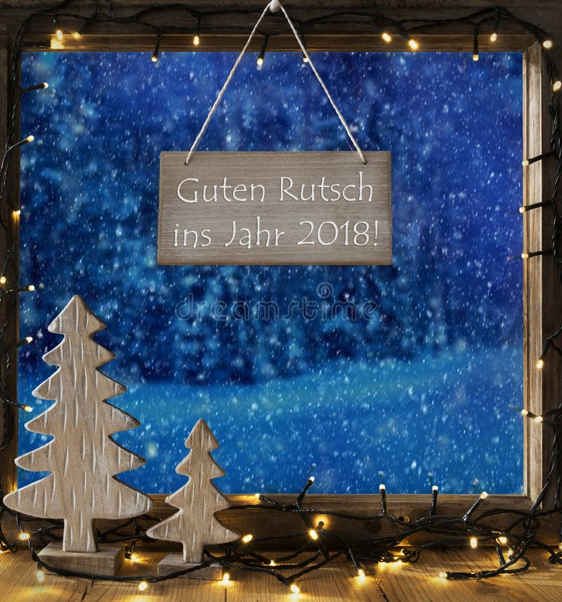 Sign With German Text Guten Rutsch Ins Jahr 2018 Means Happy New Year 2018. Window Frame With Winter Landscape With Snow. View To Snowy Trees Outside With Snowflakes. Christmas Tree And Fairy Lights. Sign With German Text Guten Rutsch Ins Jahr 2018 Means Happy New Year 2018. Window Frame With Winter Landscape With Snow. View To Snowy Trees Outside With Snowflakes. Christmas Tree And Fairy Lights.