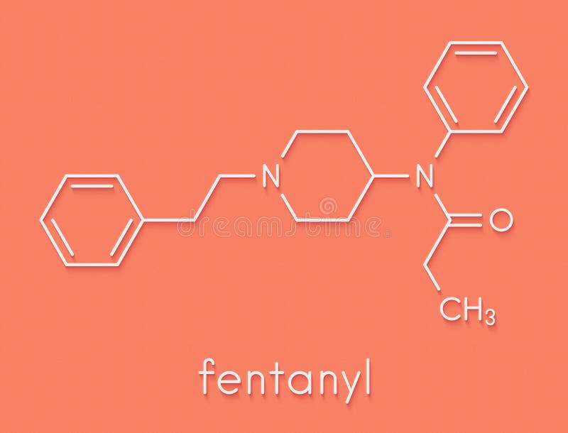 Fentanyl (fentanil) opioid analgesic drug, chemical structure. Conventional  skeletal formula and stylized representation, showing atoms (except  hydrogen) as color coded circles.