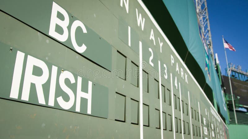 Scoreboard at Bostons Fenway park during the Boston College vs Notre Dame football game of the Shamrock Series on November 21, 2015. Scoreboard at Bostons Fenway park during the Boston College vs Notre Dame football game of the Shamrock Series on November 21, 2015.