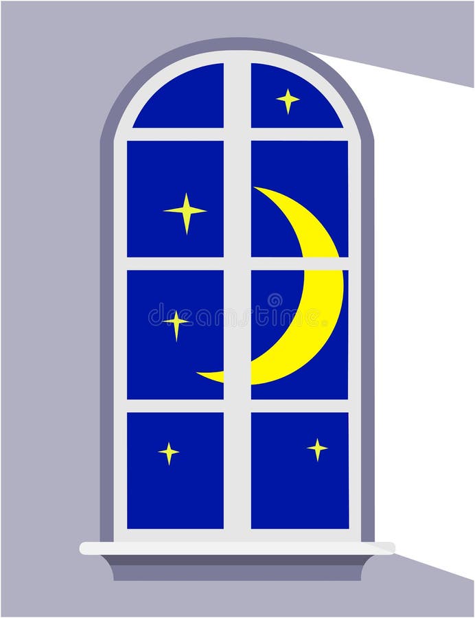 Night window with a glowing yellow moon and stars. Night window with a glowing yellow moon and stars