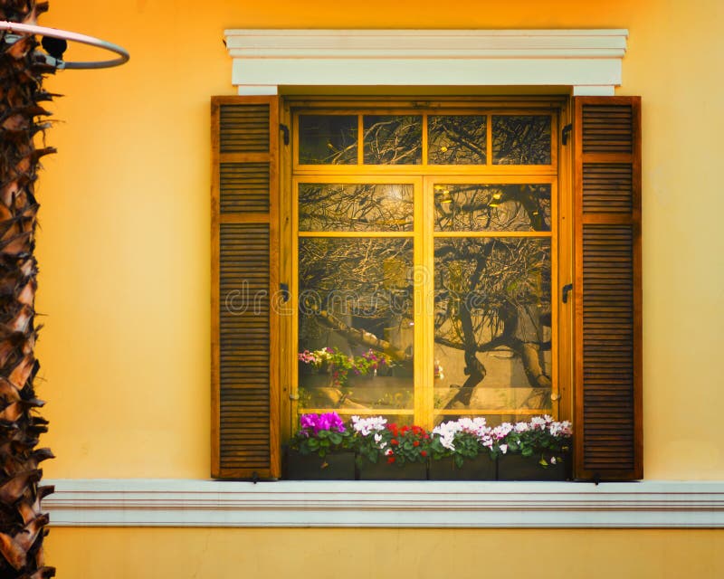 Decorated window with external reflection at Rothschild avenue in the city of Tel Aviv Israel in sunny summer morning. Decorated window with external reflection at Rothschild avenue in the city of Tel Aviv Israel in sunny summer morning