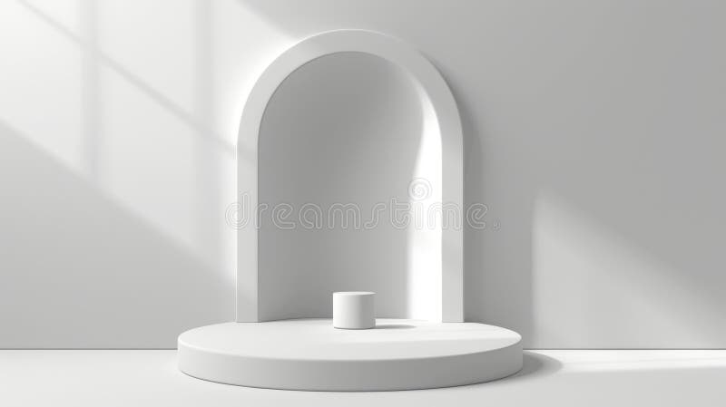 Window or hole in the wall with a product podium behind it. Realistic modern illustration of a minimalistic platform and pedestal in round, square, hexagonal, and arch shapes.. AI generated. Window or hole in the wall with a product podium behind it. Realistic modern illustration of a minimalistic platform and pedestal in round, square, hexagonal, and arch shapes.. AI generated