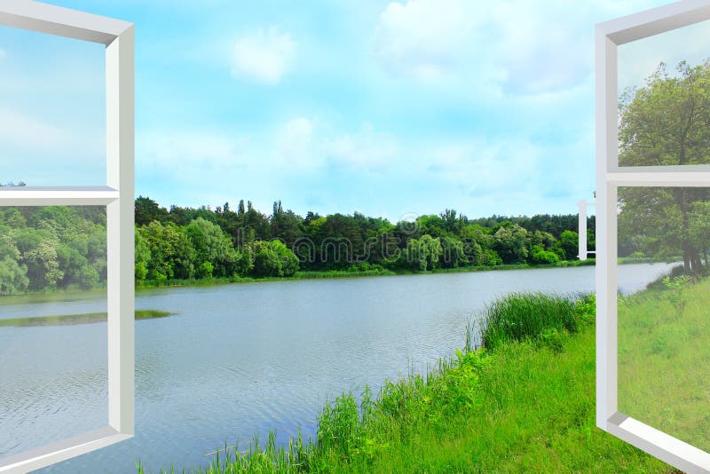 Fenêtre Ouverte Avec La Vue Au Paysage Dété Avec La Forêt Et Le Lac