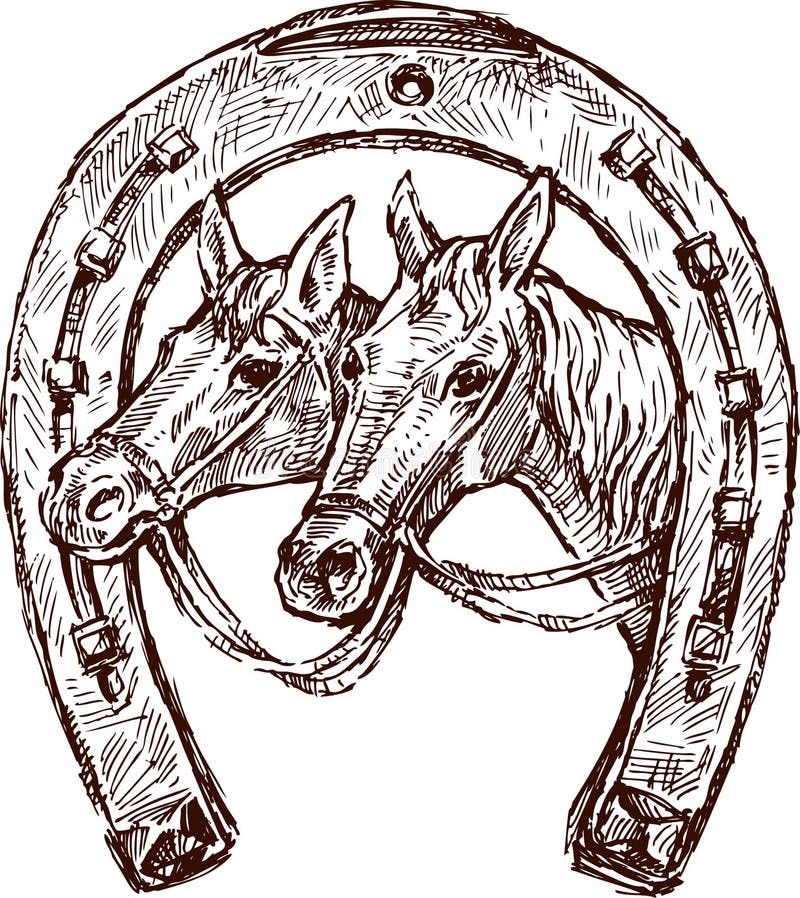 Dirigez l'image d'un fer à cheval avec les têtes de chevaux - un symbole de la bonne chance et du bonheur.