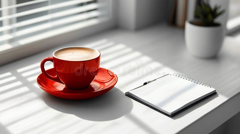 Fereastra notebook-ului pentru cafea de dimineață, spațiu de lucru confortabil generat. stock photography