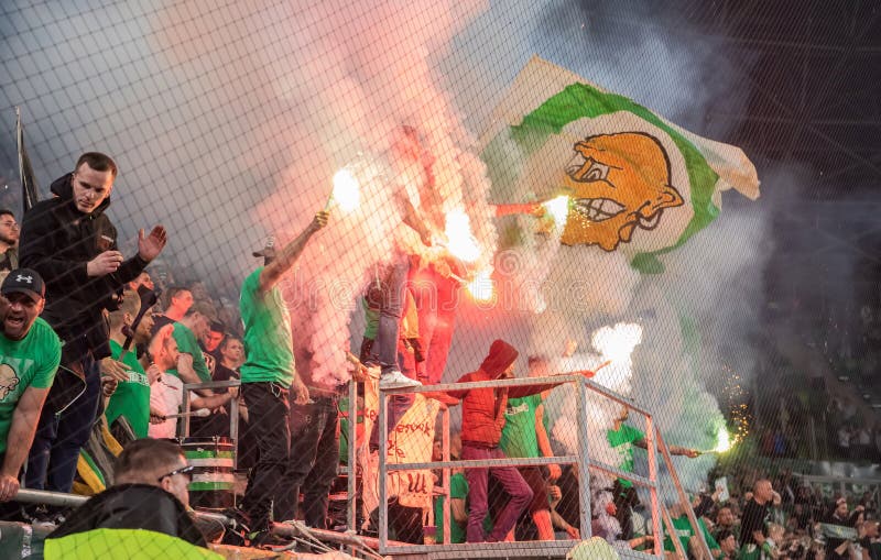 Ferencvaros fans celebrating 34th championship title after Hungarian OTP Bank League match Ferencvaros vs Kisvarda (3-0