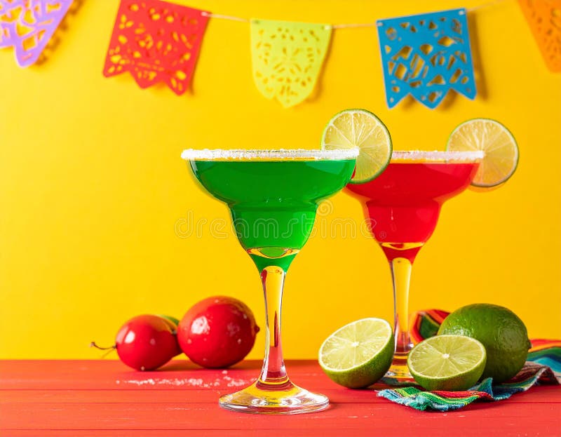 Fericit Cinco de Mayo temă de petrecere colorată cu băuturi de margarita de culoare strălucitoare pe masa de lemn roșu și fundal g vector illustration