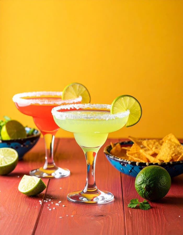 Fericit Cinco de Mayo temă de petrecere colorată cu băuturi de margarita de culoare strălucitoare pe masa de lemn roșu și fundal g royalty free illustration