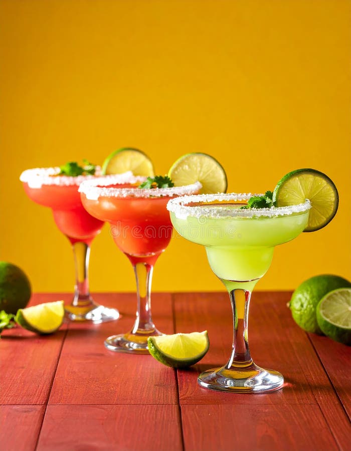 Fericit Cinco de Mayo temă de petrecere colorată cu băuturi de margarita de culoare strălucitoare pe masa de lemn roșu și fundal g stock illustration