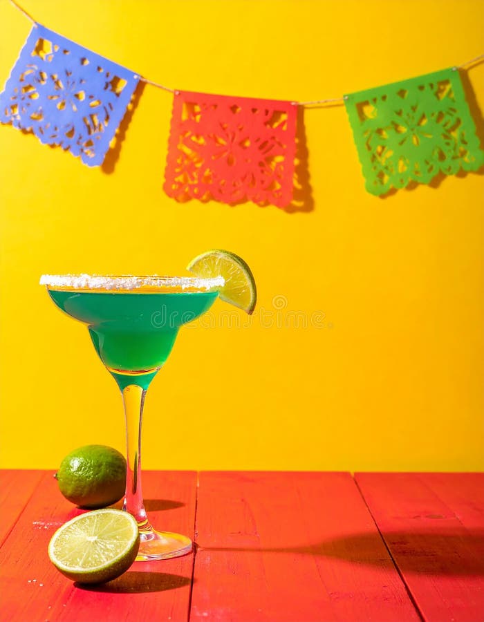 Fericit Cinco de Mayo temă de petrecere colorată cu băuturi de margarita de culoare strălucitoare pe masa de lemn roșu și fundal g vector illustration