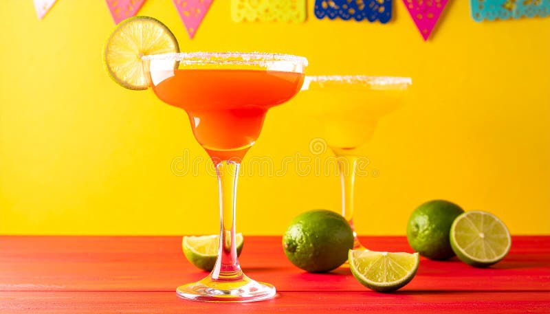 Fericit Cinco de Mayo temă de petrecere colorată cu băuturi de margarita de culoare strălucitoare pe masa de lemn roșu și fundal g vector illustration