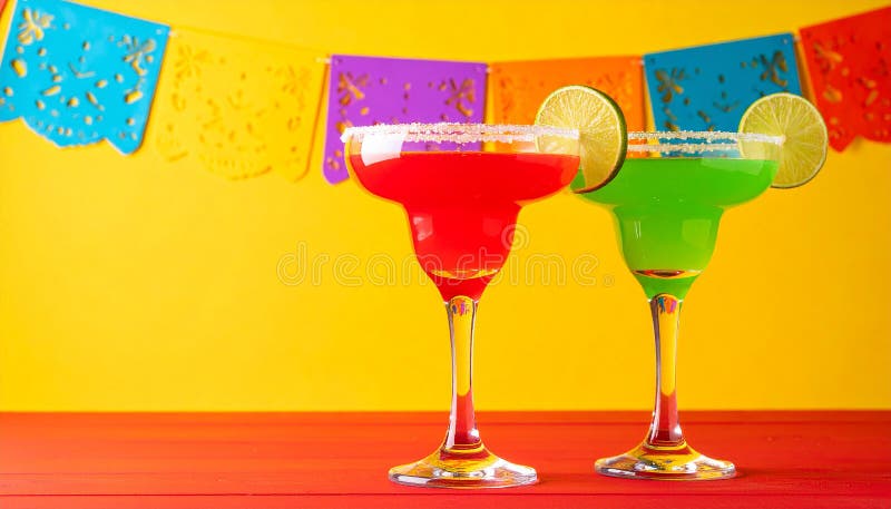 Fericit Cinco de Mayo temă de petrecere colorată cu băuturi de margarita de culoare strălucitoare pe masa de lemn roșu și fundal g stock illustration