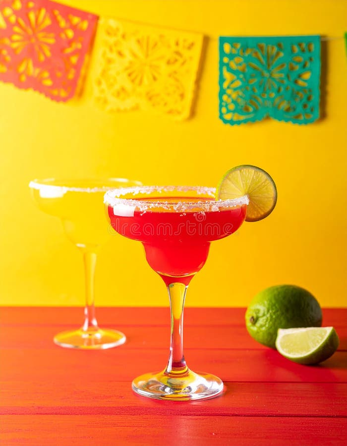 Fericit Cinco de Mayo temă de petrecere colorată cu băuturi de margarita de culoare strălucitoare pe masa de lemn roșu și fundal g stock illustration