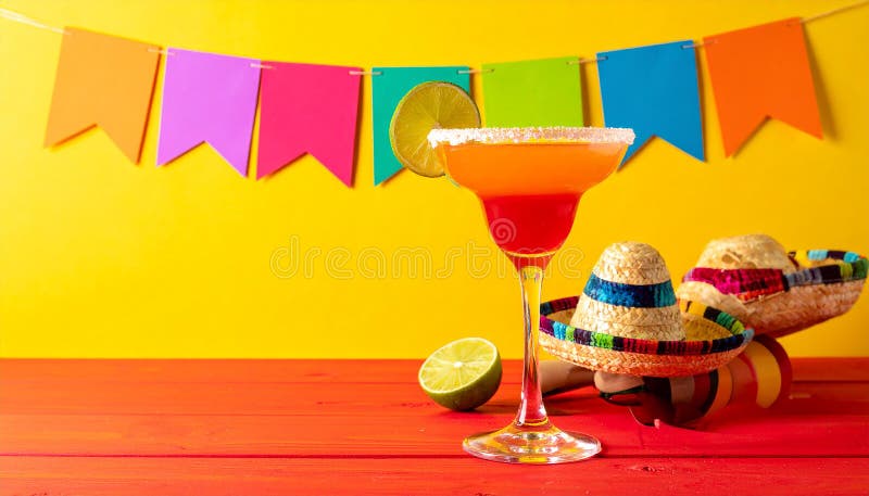 Fericit Cinco de Mayo temă de petrecere colorată cu băuturi de margarita de culoare strălucitoare pe masa de lemn roșu și fundal g royalty free illustration